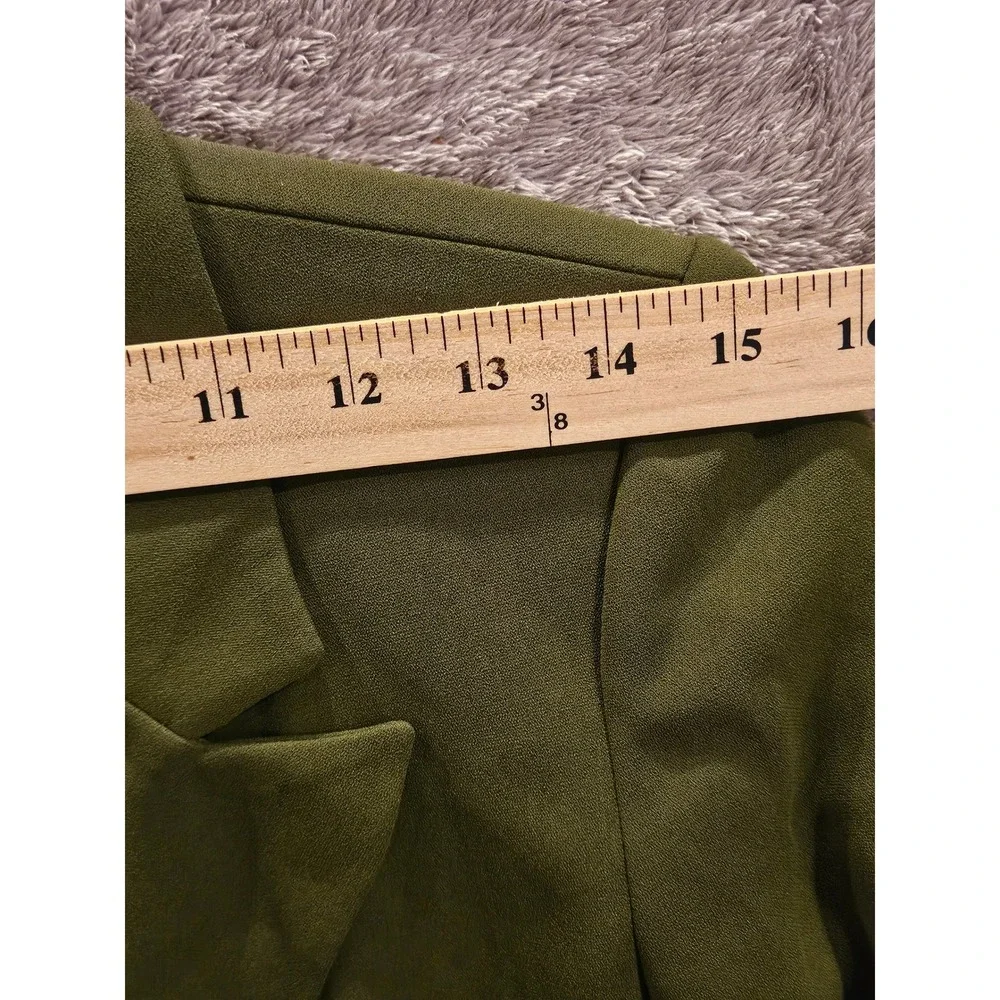 Retro Military Green Silky Long Line Blazer Roll Tab Sleeve Women XS Relaxed#450